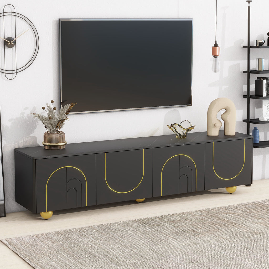 Leoglint U-Can Modern TV Stand for TVs up to 75 Inches, Entertainment Center with Storage Cabinets and 1 Adjustable Shelf, Media Console with Marble-patterned Top and Golden Round Metal Legs for Living room