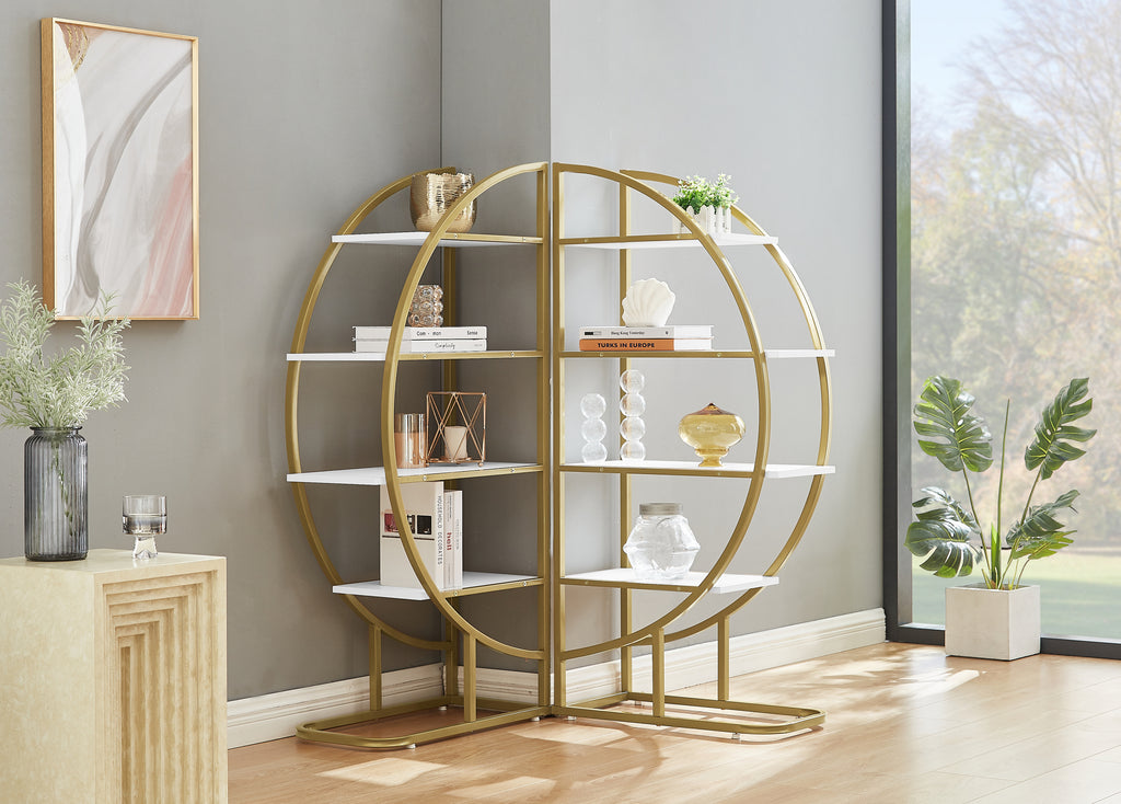 Leoglint 4 Tiers Home Office Open Bookshelf, Round Shape, Different Placement Ways, MDF Board, Gold Metal Frame, White