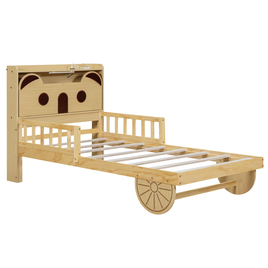 Leoglint Twin Size Car Bed Frame with Bear-Shaped Headboard, USB and LED, Natural