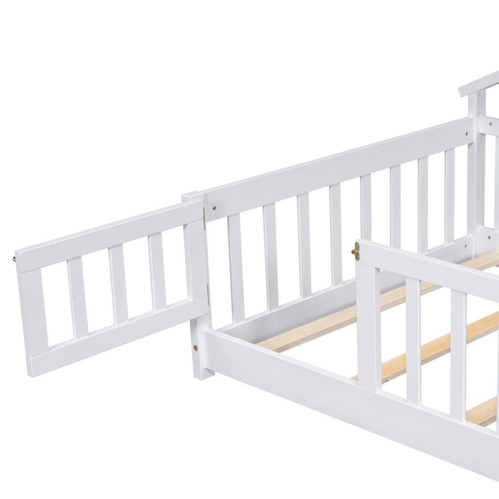 Twin House-Shaped Bedside Floor Bed Frame with Guardrails, Slats, with Door,White