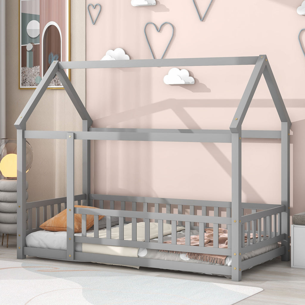 Leoglint Twin Size Floor Wooden Bed Frame with House Roof Frame, Fence Guardrails,Grey(Old SKU:W1791106614)