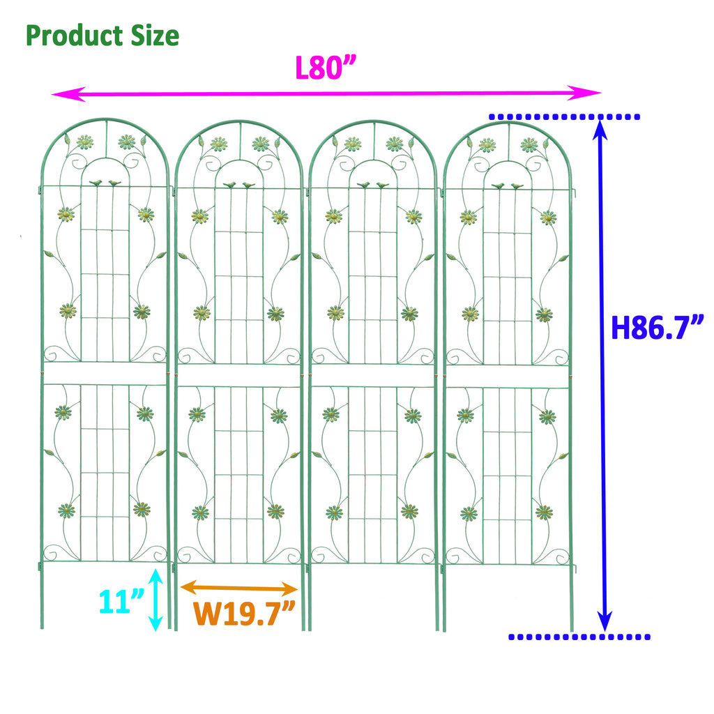 Leoglint 4 Pack Metal Garden Trellis 86.7" x 19.7" Rustproof Trellis for Climbing Plants Outdoor Flower Support Green