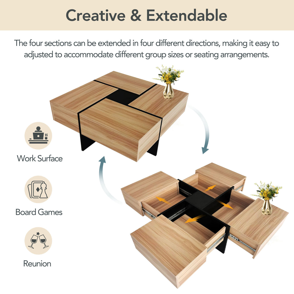 Leoglint ON-TREND Unique Design Coffee Table with 4 Hidden Storage Compartments, Square Cocktail Table with Extendable Sliding Tabletop, UV High-gloss Design Center Table for Living Room, 31.5"x 31.5"