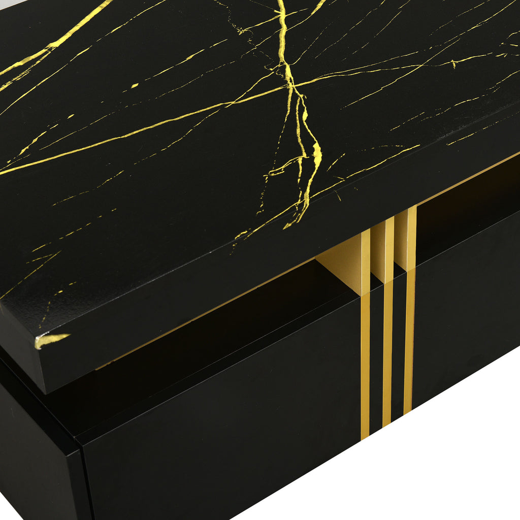 Leoglint [VIDEO provided] ON-TREND Contemporary Coffee Table with Faux Marble Top, Rectangle Cocktail Table with Caster Wheels, Moderate Luxury Center Table with Gold Metal Bars for Living Room, Black