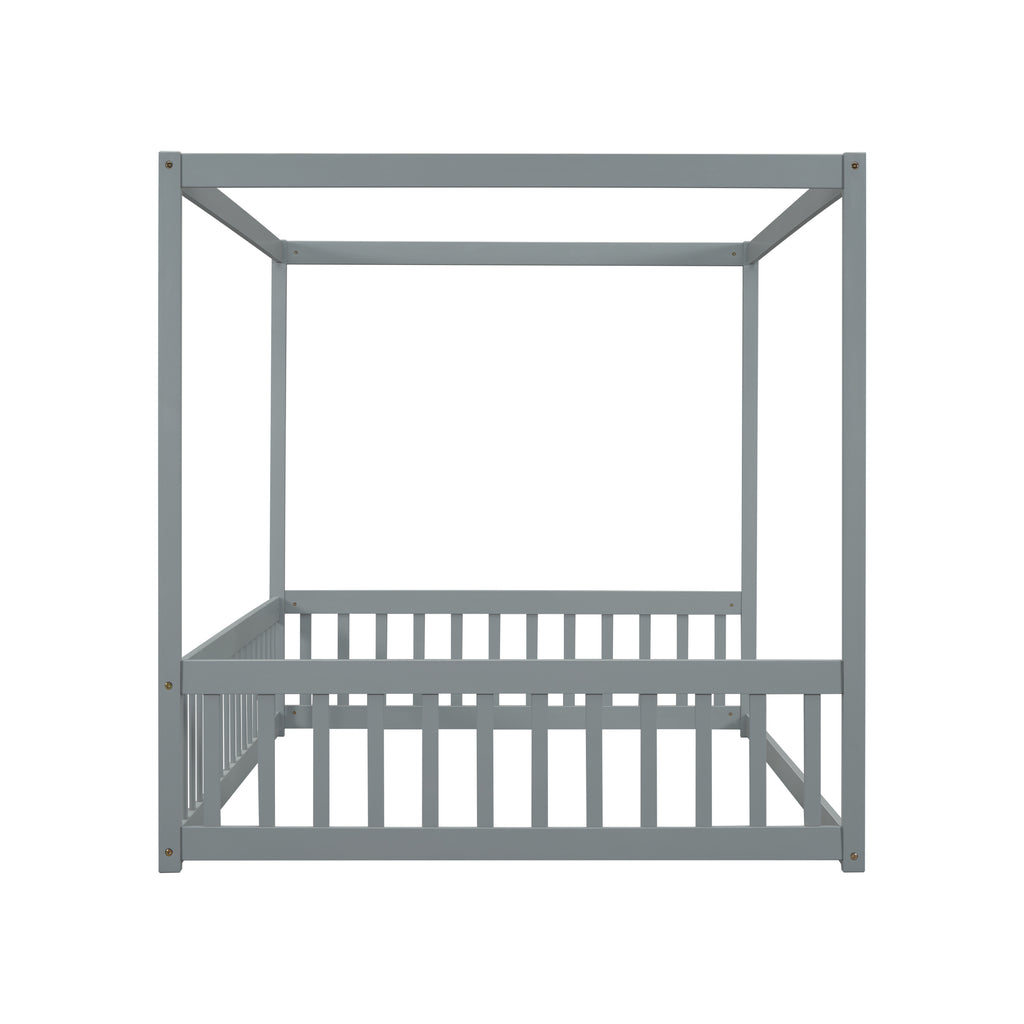 Leoglint Bed Frame Full Size Canopy Frame Floor Bed with Fence, Guardrails,Grey