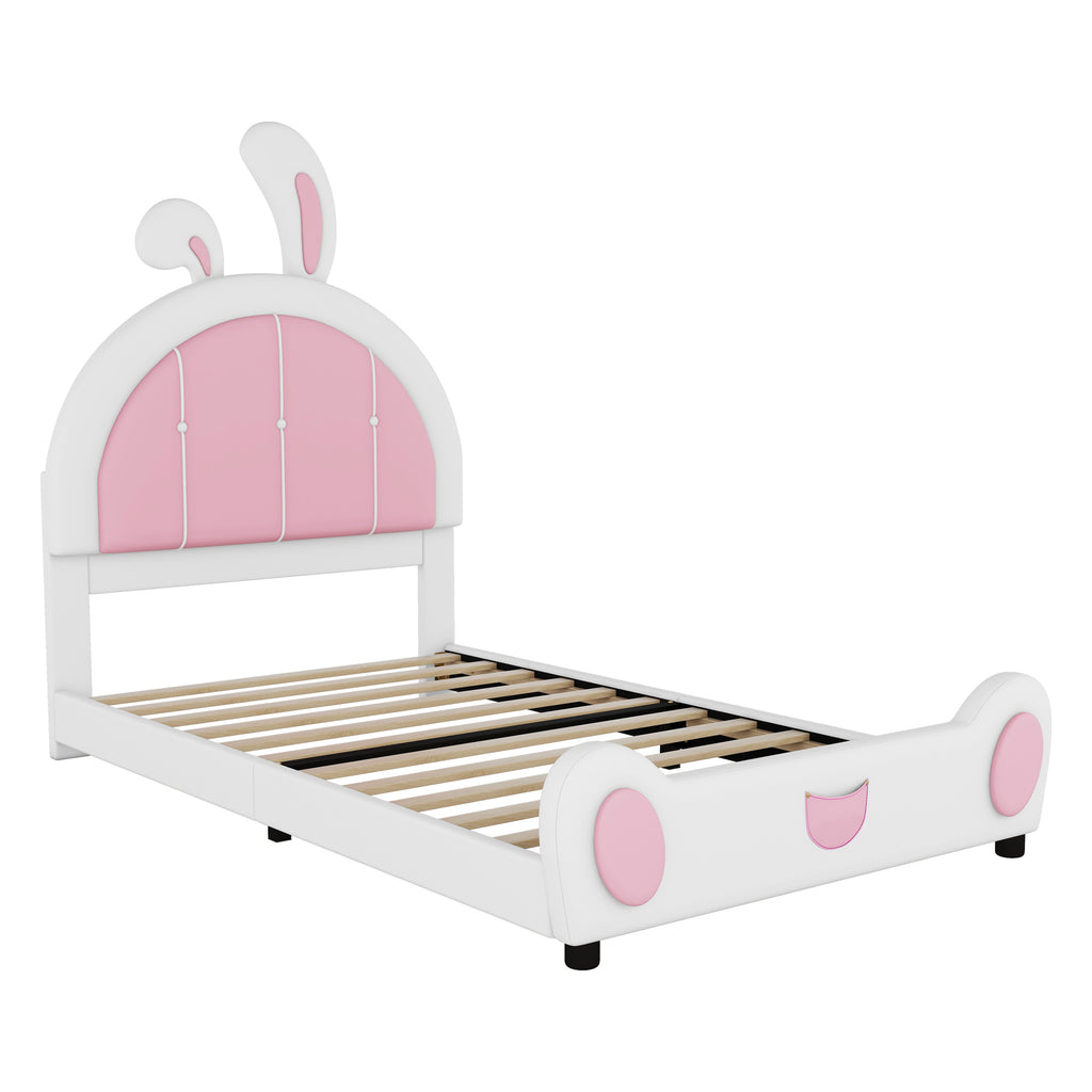 Leoglint Twin Size Upholstered Platform Bed Frame with Rabbit Shaped Headboard, White