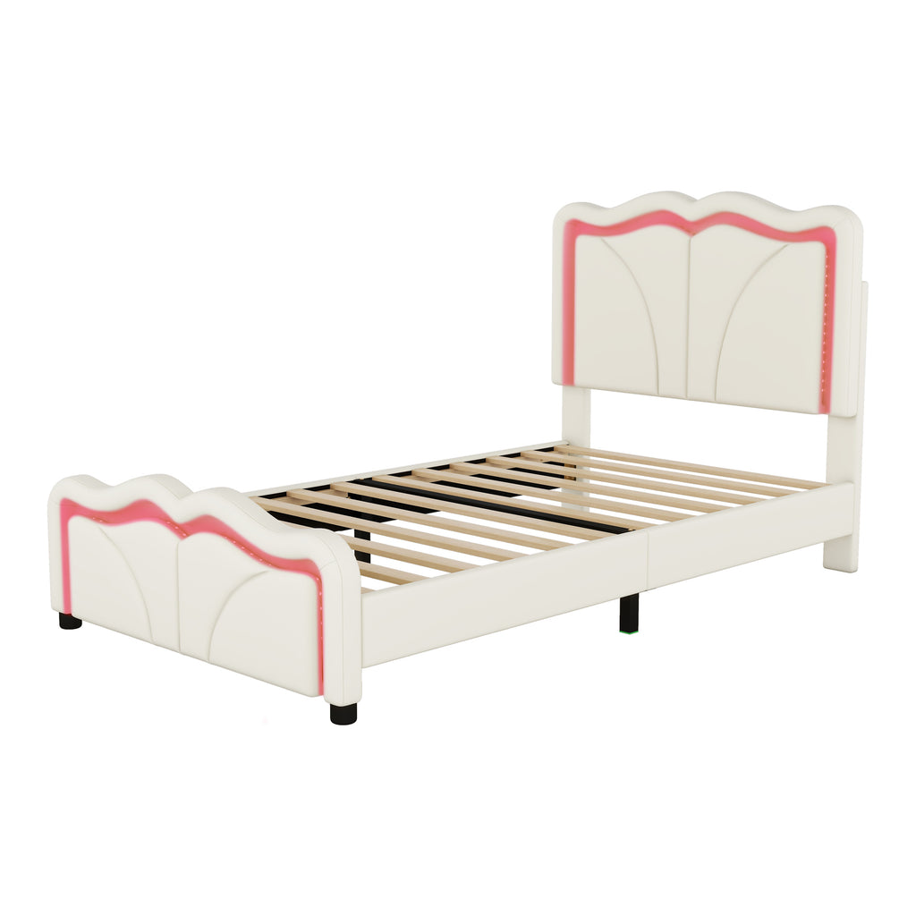 Leoglint Twin Size Upholstered Platform Bed Frame with Curve Shaped and Height-adjustbale Headboard,LED Light Strips,White