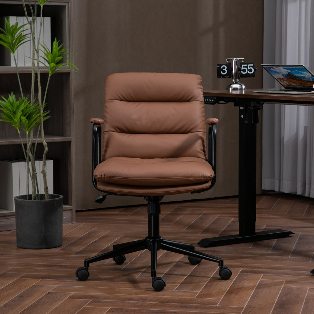 Leoglint Office Chair,Mid Back Home Office Desk Task Chair with Wheels and Arms Ergonomic PU Leather Computer Rolling Swivel Chair with Padded Armrest,The back of the chair can recline 40° (Brown)