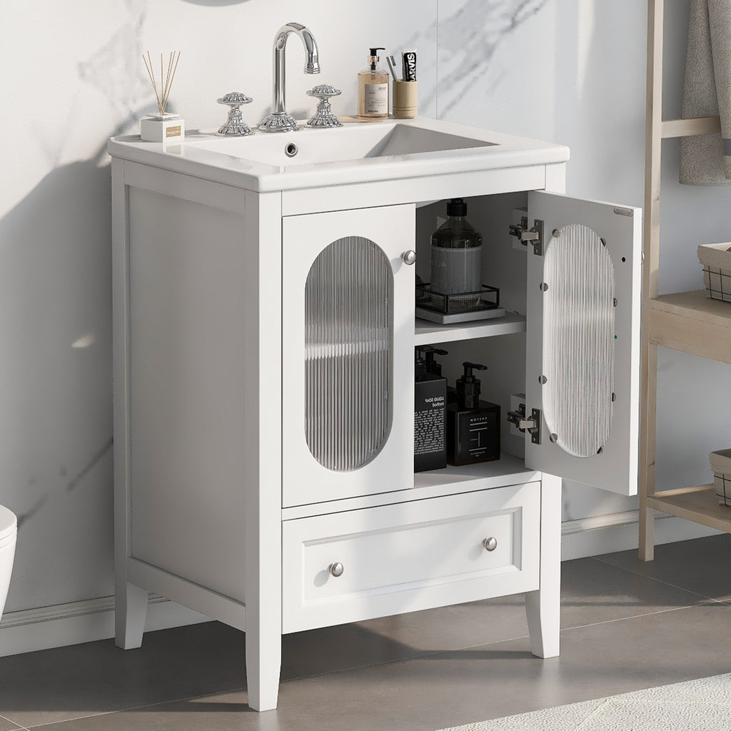 Leoglint 24" Bathroom Vanity with Sink, Bathroom Vanity Cabinet with One Drawer and Doors, Adjustable Shelf, Solid Wood and MDF, White