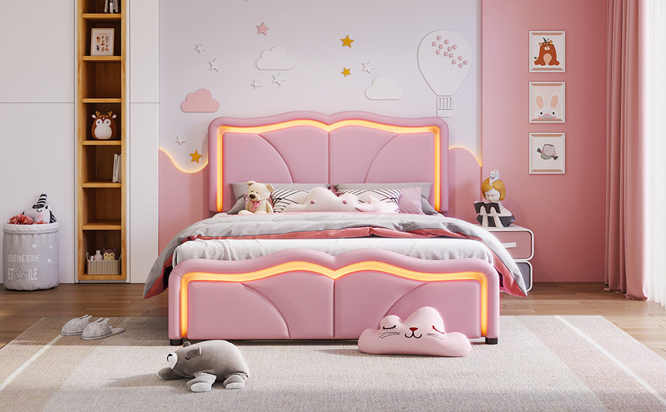 Leoglint Full Size Upholstered Platform Bed Frame with Curve Shaped and Height-adjustbale Headboard,LED Light Strips,Pink