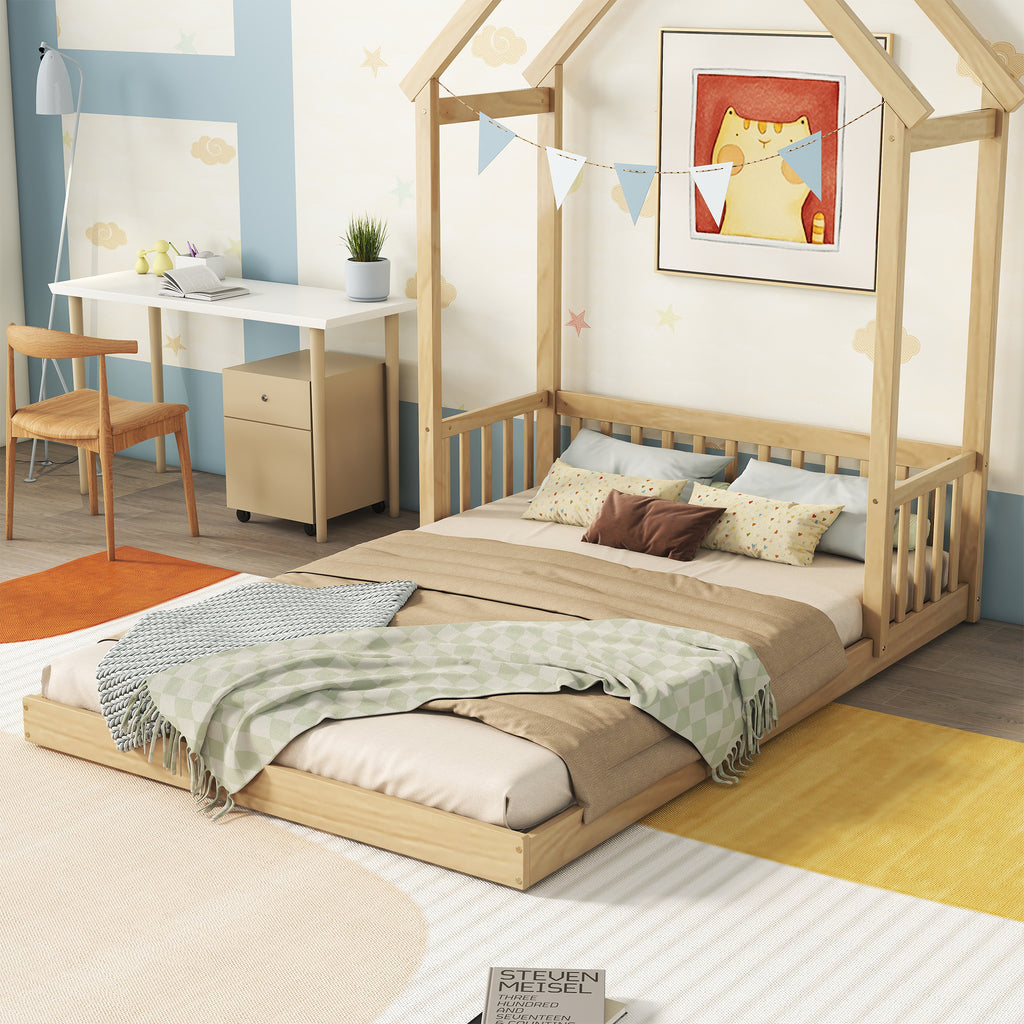 Leoglint Full Roof-framed Headboard Floor Bed with Headboard Guardrails, without Slats,Natural