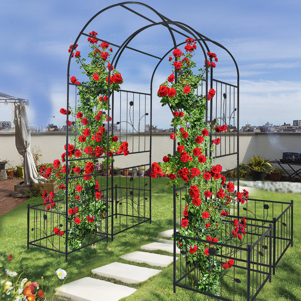 Leoglint Metal Garden Trelliswith two plant stands 79.5'' Wide x 86.6'' High Climbing Plants Support Rose Arch Outdoor Black