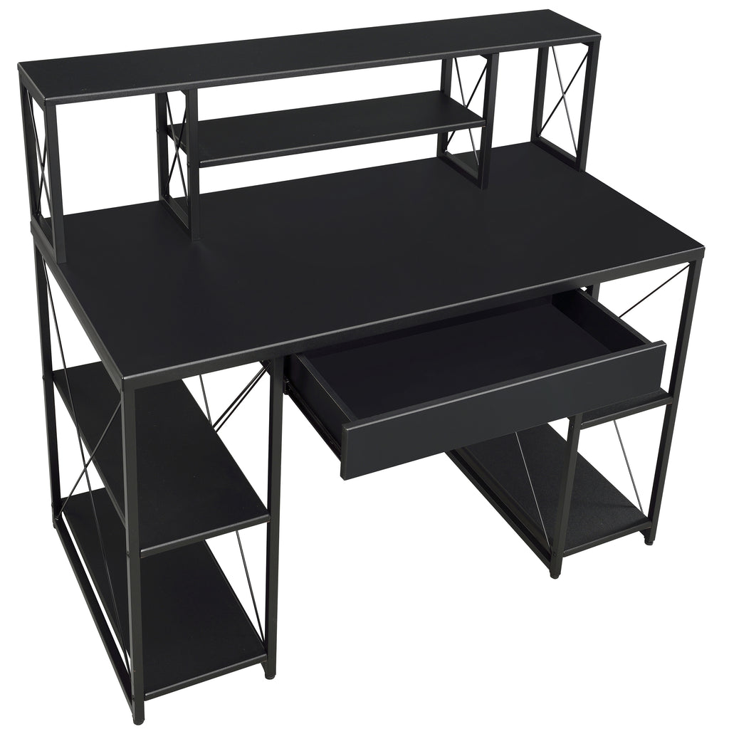 Leoglint Black Office Desk with Open Shelves and Hutch