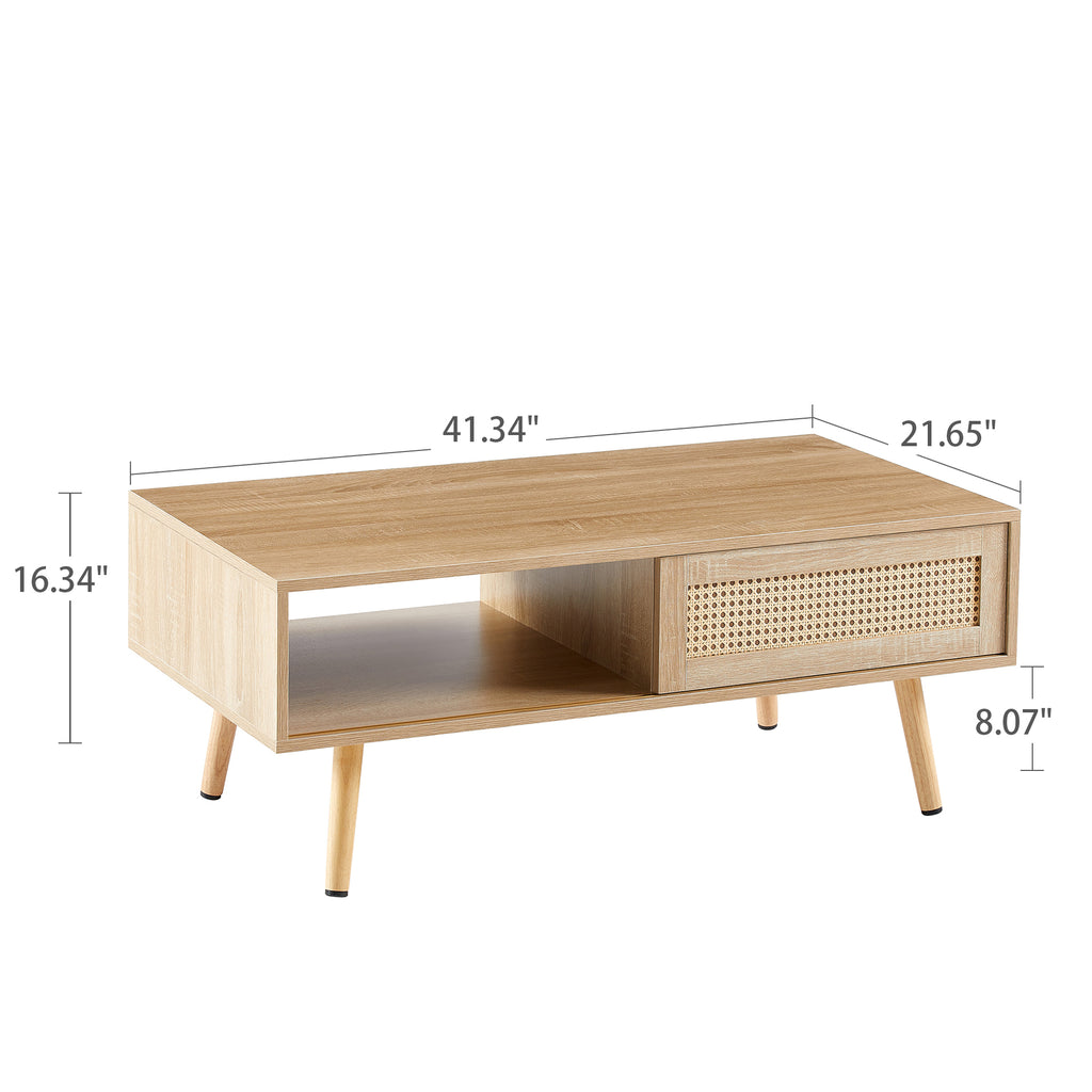 Leoglint 41.34" Rattan Coffee table, sliding door for storage, solid wood legs, Modern table  for living room , natural