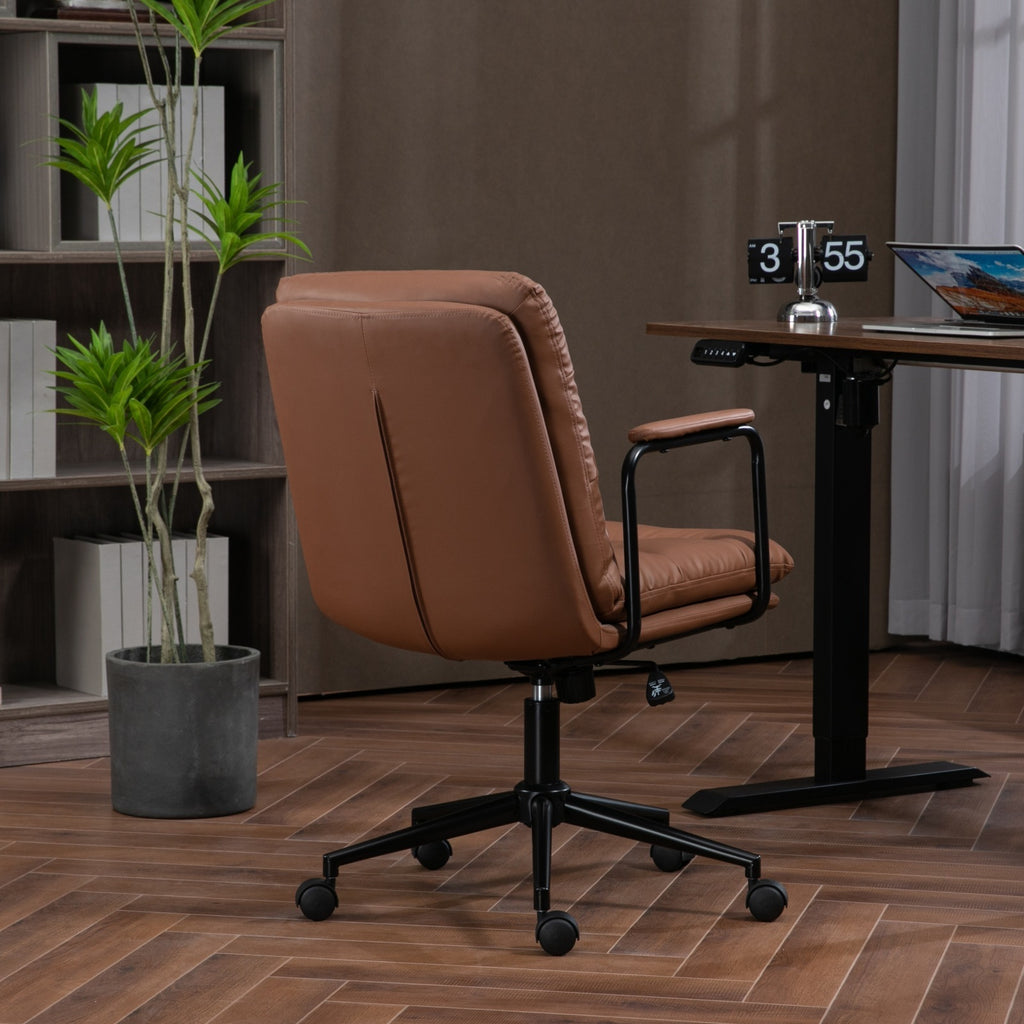 Leoglint Office Chair,Mid Back Home Office Desk Task Chair with Wheels and Arms Ergonomic PU Leather Computer Rolling Swivel Chair with Padded Armrest,The back of the chair can recline 40° (Brown)