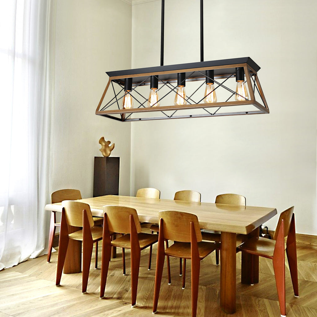 Leoglint Pendant Farmhouse Chandeliers With 5 Bulbs For Dining Room Walnut