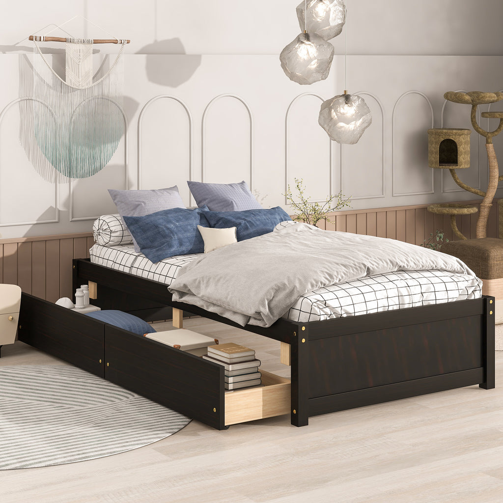 Twin Bed Frame with 2 Drawers, Solid Wood, No Box Spring Needed ,Espresso(Old SKU:W50441670)