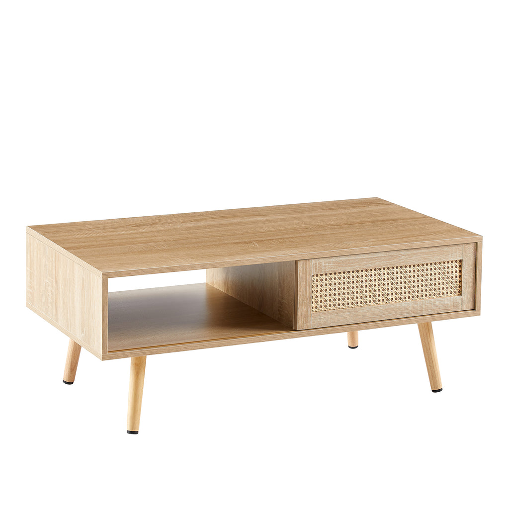 Leoglint 41.34" Rattan Coffee table, sliding door for storage, solid wood legs, Modern table  for living room , natural