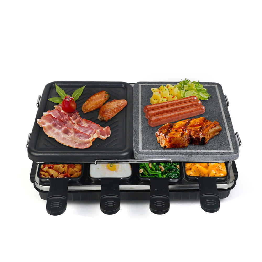 Leoglint Dual Raclette Table Grill w Non-Stick Grilling Plate & Cooking Stone- 8 Person Electric Tabletop Cooker for Korean BBQ- Melt Cheese, Cook Meat & Veggies at Once