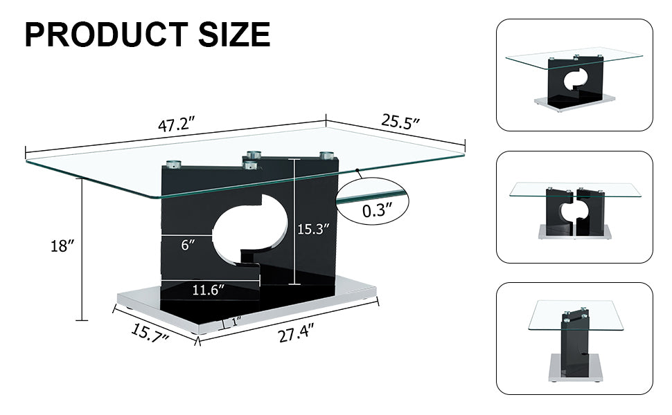 Leoglint A rectangular modern and fashionable coffee table with tempered glass tabletop and black MDF legs. Suitable for living room.47.2"*25.5"*18"