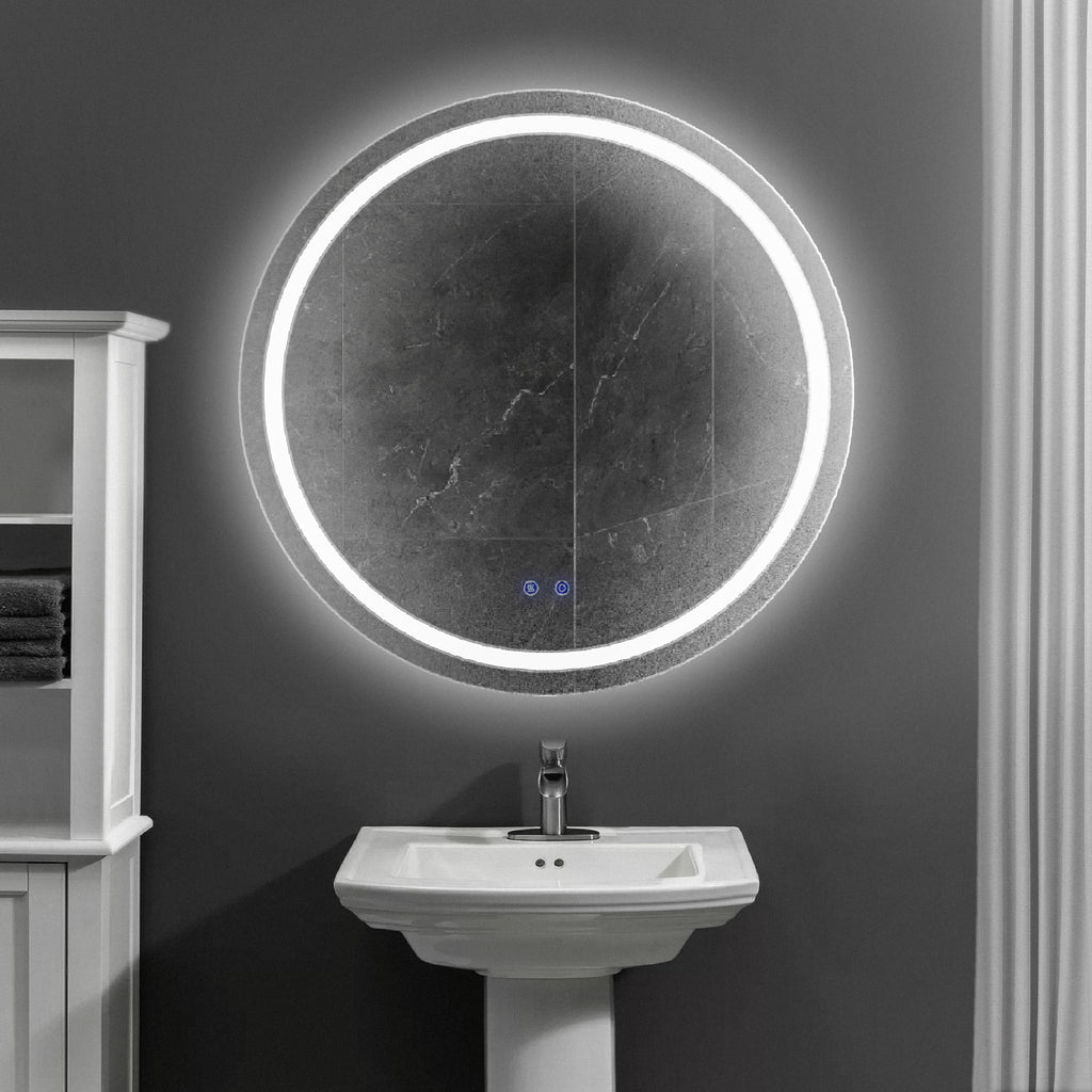 Leoglint 32 x 32 Inch Round Frameless LED Illuminated Bathroom Mirror, Touch Button Defogger, Metal, Frosted Edges, Silver