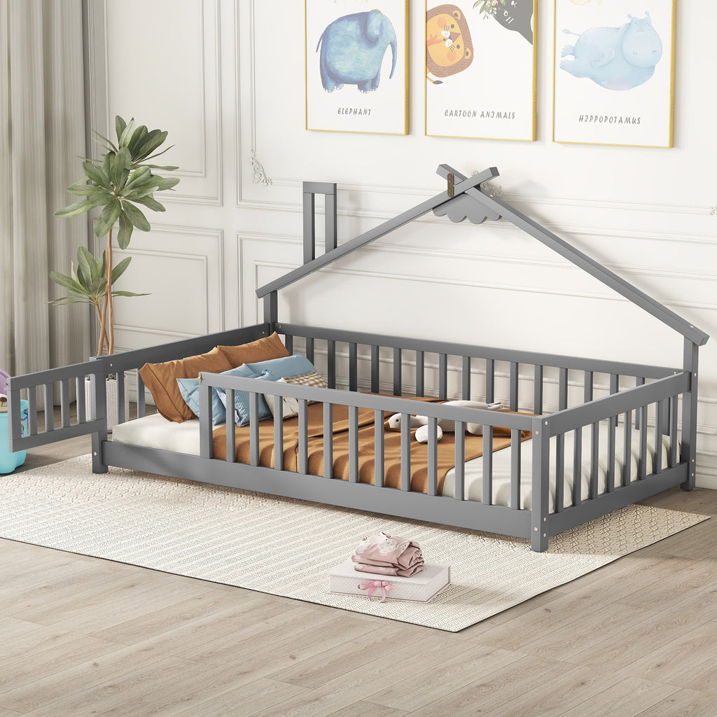 Twin House-Shaped Bedside Floor Bed Frame with Guardrails, Slats, with Door,Grey