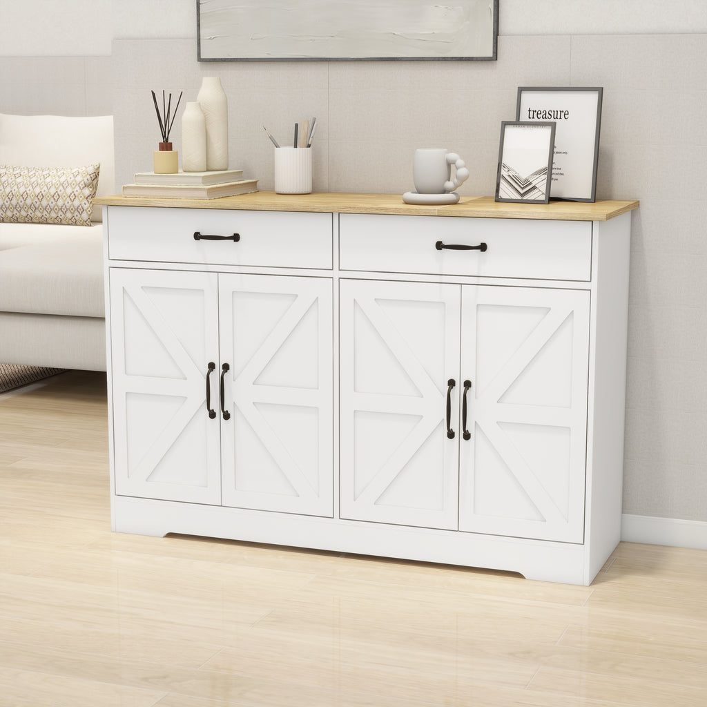 Leoglint 47.95" Farmhouse Buffet Cabinet Storage Sideboard with 2 Drawers and 4 Doors for Dining Living Room Kitchen Cupboard-White