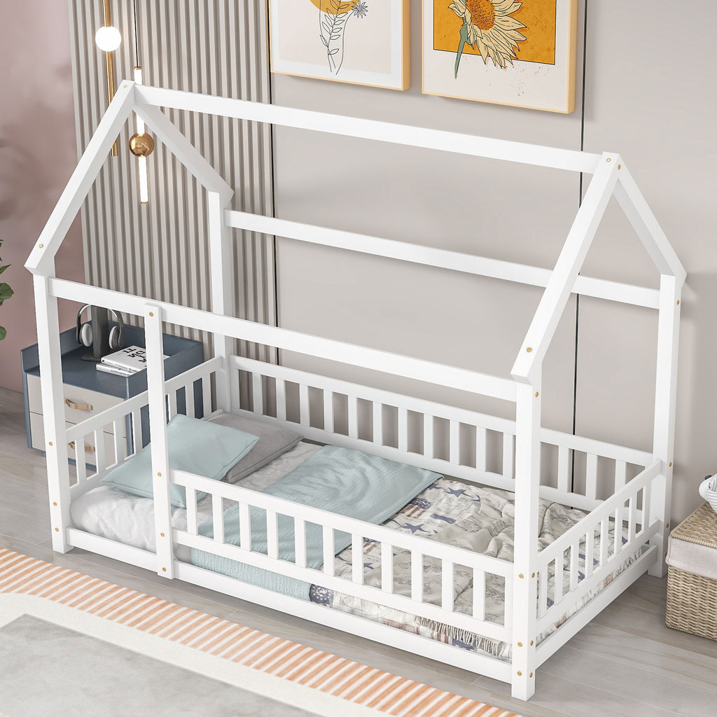 Leoglint Twin Size Floor Wooden Bed Frame with House Roof Frame, Fence Guardrails,White(Old SKU:W1791106615)