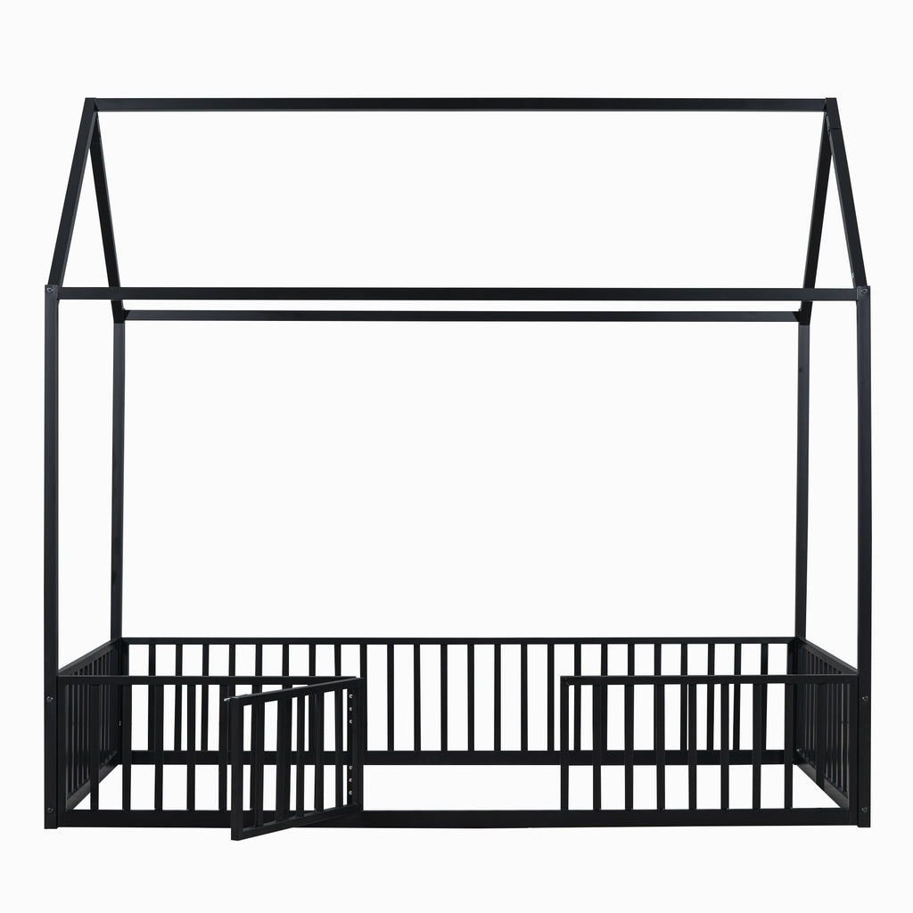 Leoglint Twin Size Metal House Bed Frame with Fence and Door, Black