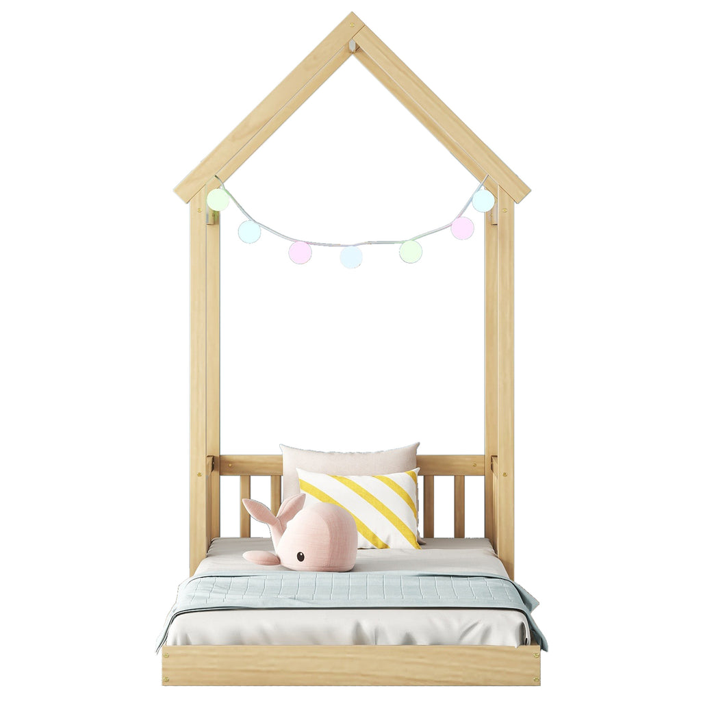 Twin House-shaped Roof Headboard Floor Bed Frame,,(without slats),Natural