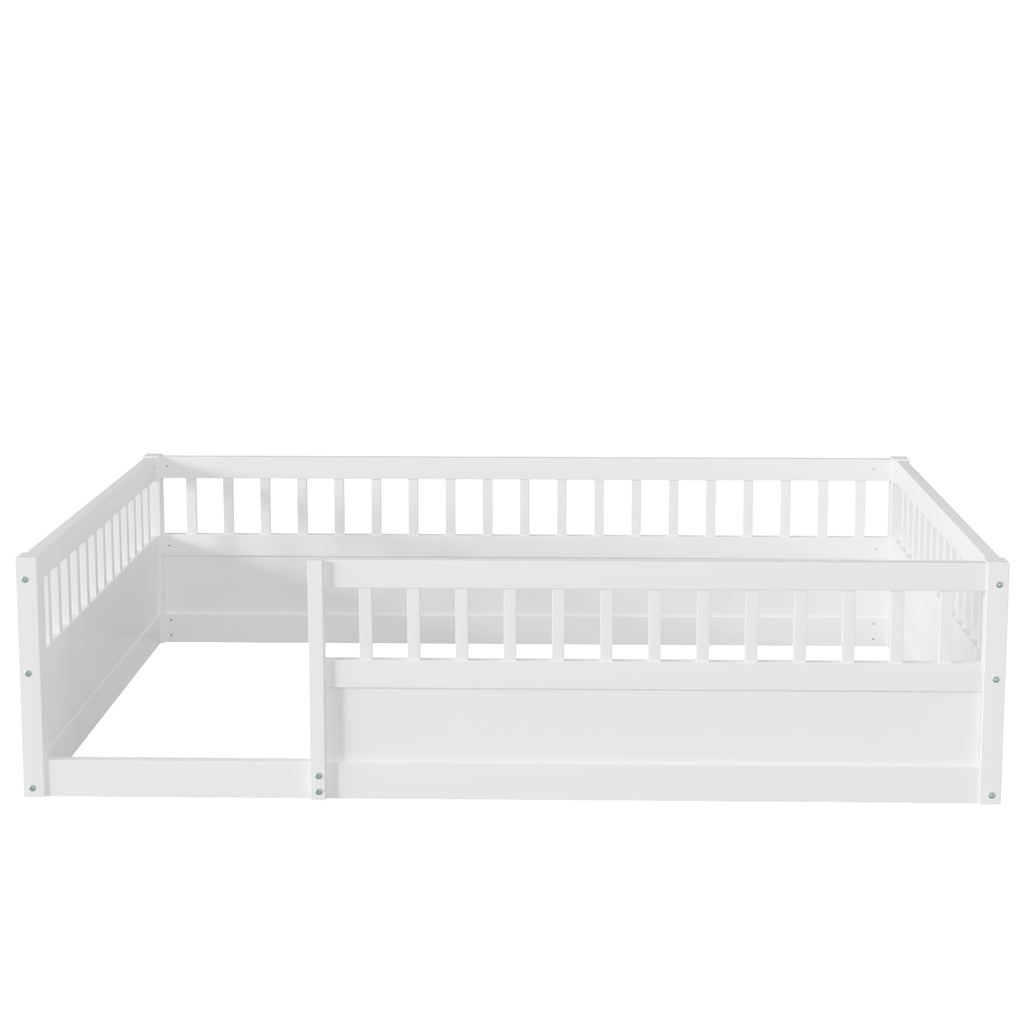 Leoglint Full Floor Bed Frame with Fence, Wood Kids Floor Beds Frame for Bedroom Playroom,White(Expect arrive date Jul. 10th)