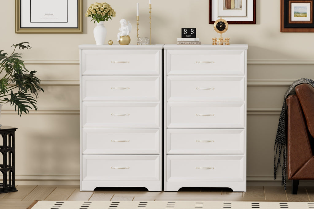 Leoglint Modern 5 Tier Bedroom Chest of Drawers, Dresser with Drawers,Drawer Chest, Clothes Organizer -Metal Pulls for Living Room, Bedroom, Hallway, White, 25.2″L x 15.8″W x 43.5″H