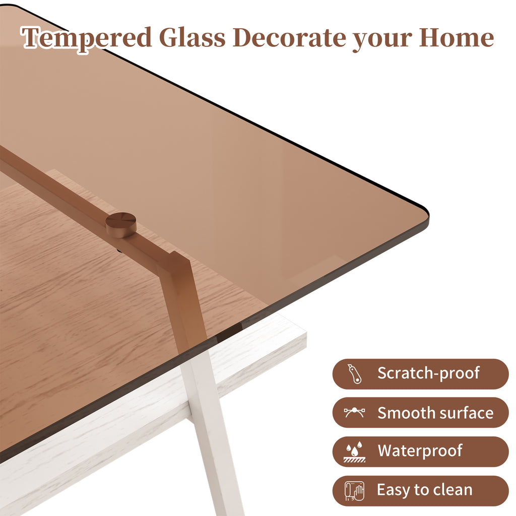 Leoglint Rectangle Coffee Table, Tempered Glass Tabletop with White Metal Legs, Modern Table for Living Room , Brown Glass