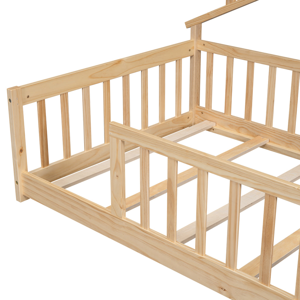 Twin House-Shaped Bedside Floor Bed Frame with Guardrails, Slats, without Door ,Natural