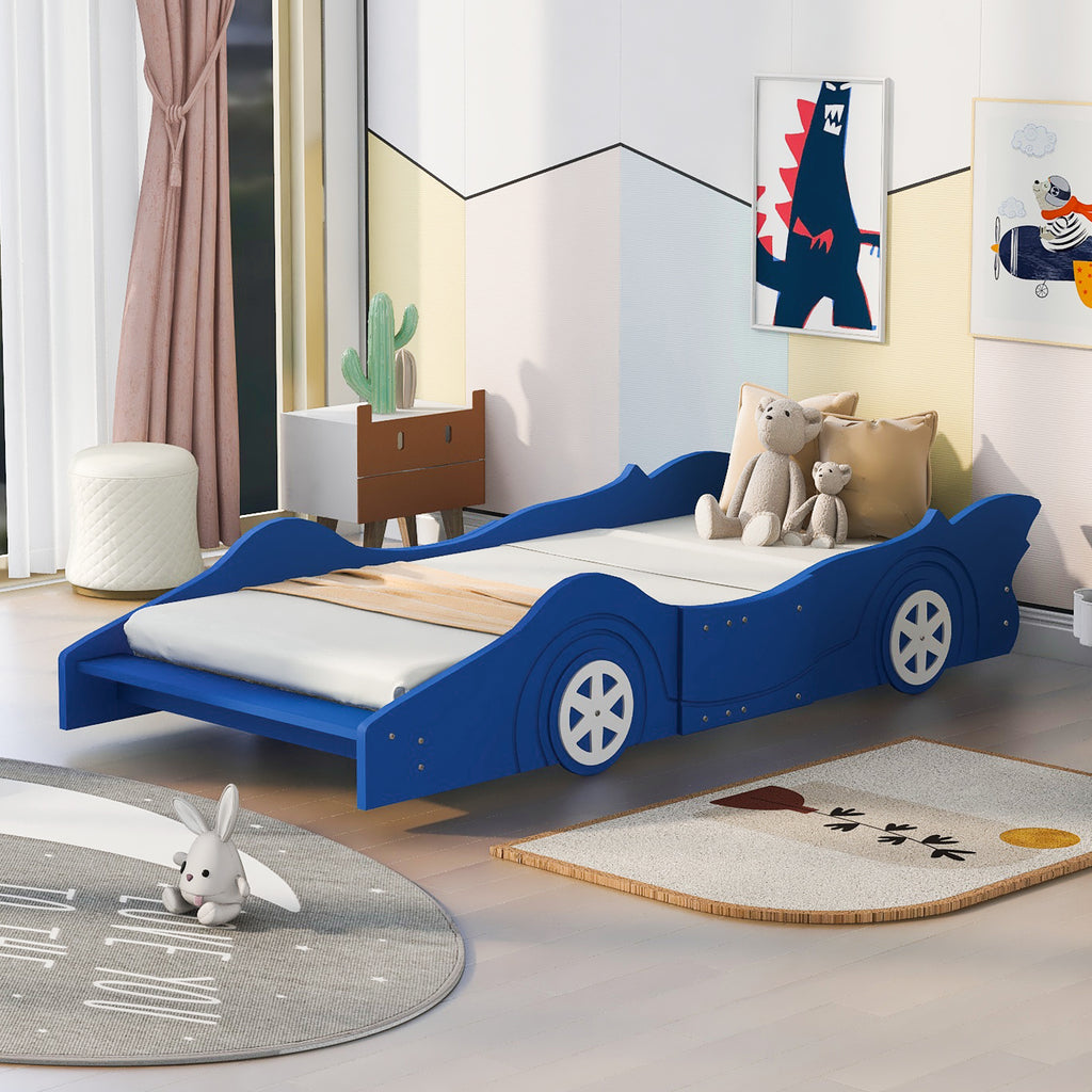 Leoglint Twin Size Race Car-Shaped Platform Bed Frame with Wheels,Blue