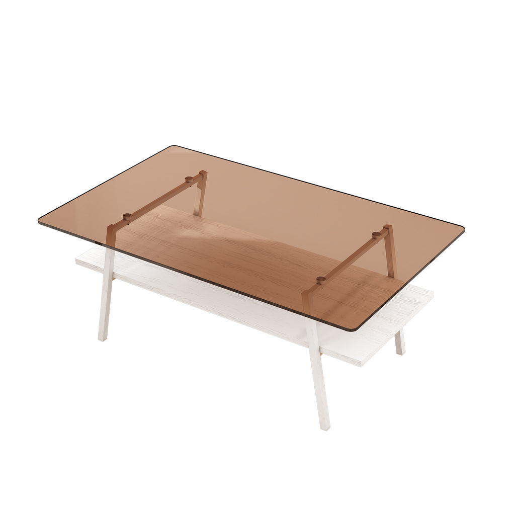 Leoglint Rectangle Coffee Table, Tempered Glass Tabletop with White Metal Legs, Modern Table for Living Room , Brown Glass