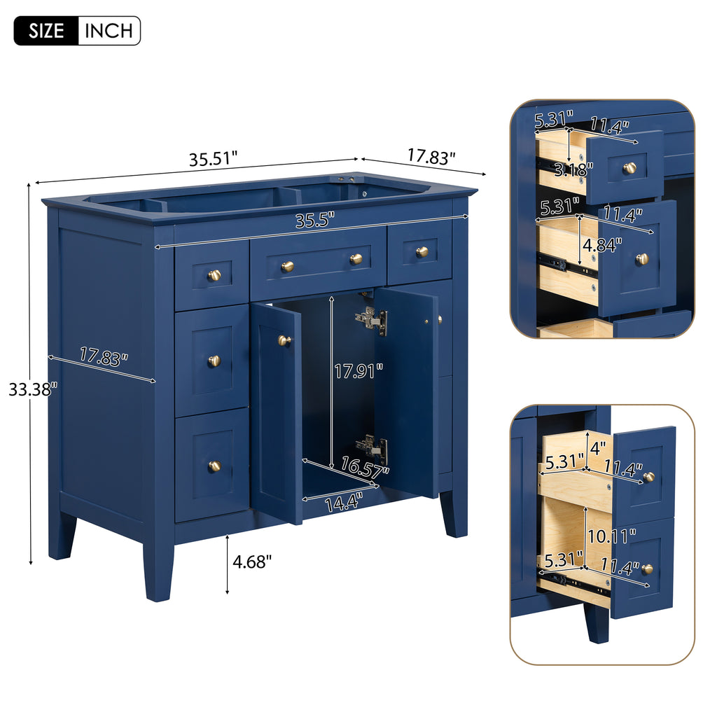 Leoglint 36'' Bathroon Vanity without Sink, Modern Freestanding Single Bathroom Cabinet with 6 Drawers & 2 Cabinets, Storage Cabinet for Bathroom, Solid Wood Frame Vanity Set, Blue (NOT INCLUDE SINK)