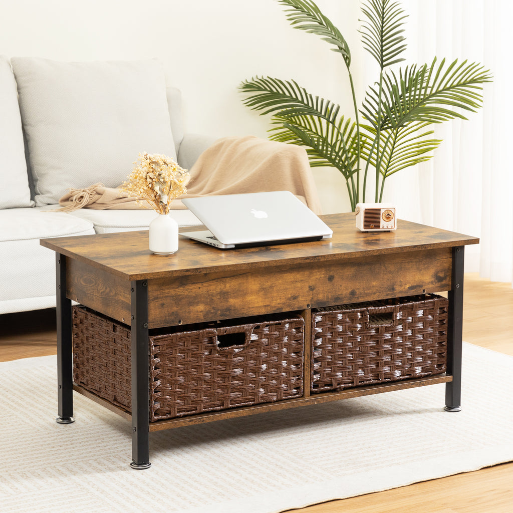 Leoglint Metal coffee table,desk,with a lifting table,and hidden storage space.There were two removable wicker baskets that could be placed in any space such as the living room,color:brown with fire wood grain