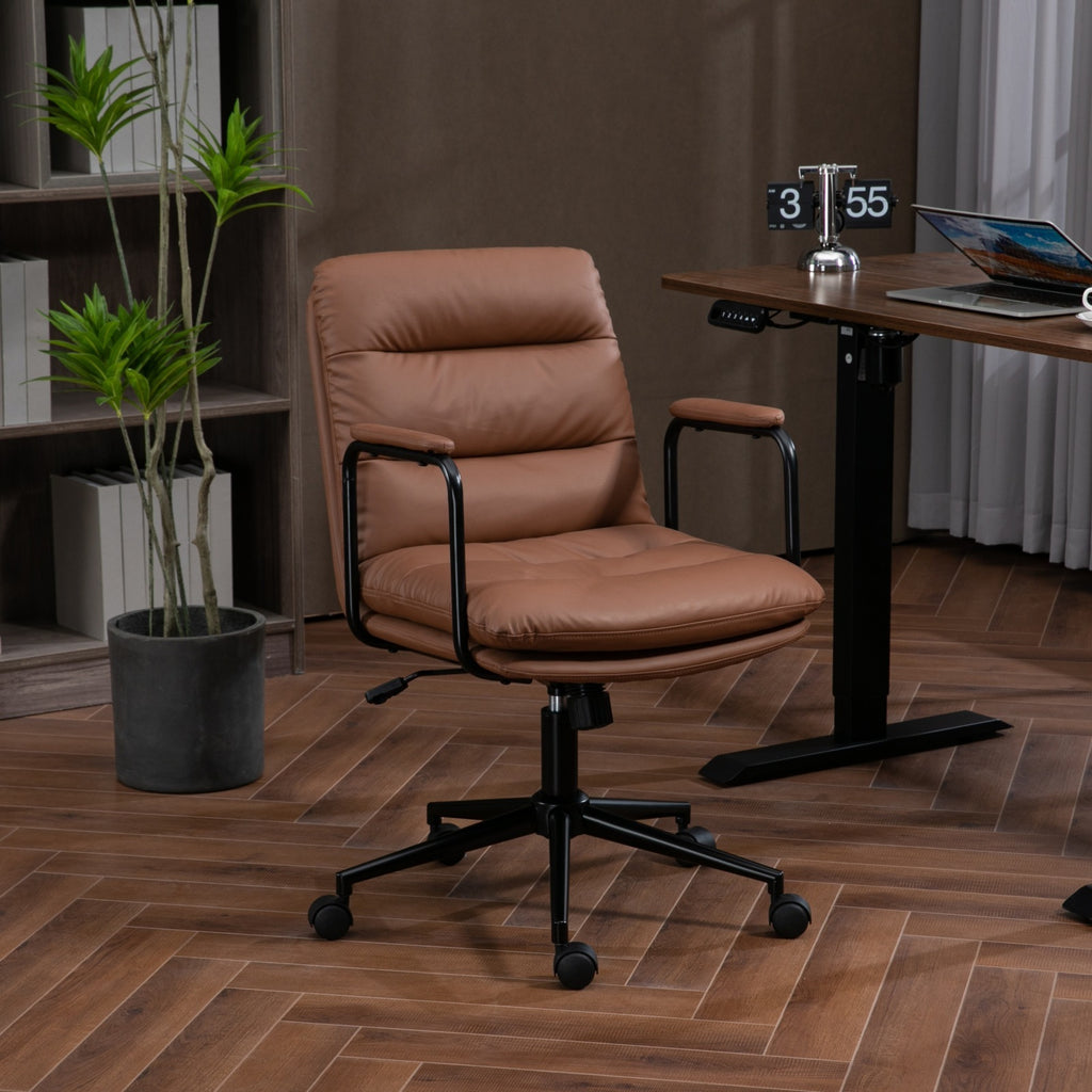 Leoglint Office Chair,Mid Back Home Office Desk Task Chair with Wheels and Arms Ergonomic PU Leather Computer Rolling Swivel Chair with Padded Armrest,The back of the chair can recline 40° (Brown)