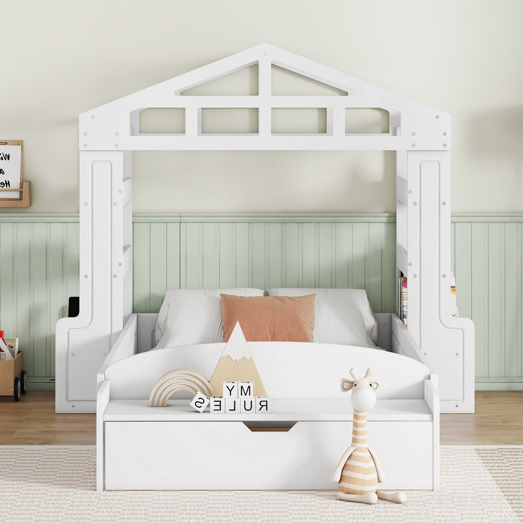 Leoglint Twin Size House Bed Frame with Bench, Socket and Shelves, White