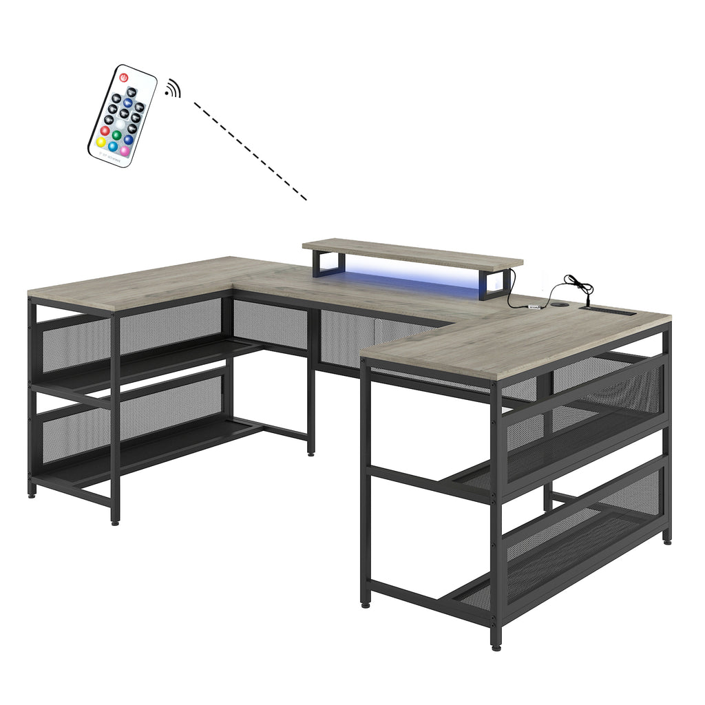 Leoglint U-shaped Office Desk with Shelve and LED lights