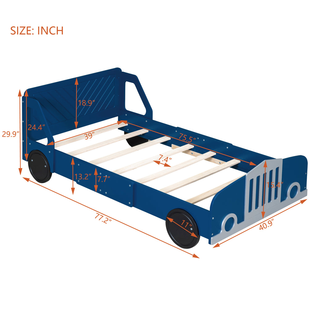 Leoglint Twin Size Car-Shaped Platform Bed Frame with Wheels,Blue