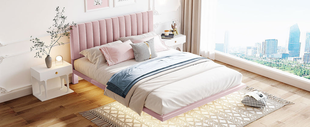 Queen Size Upholstered Bed Frame with Sensor Light and Headboard, Floating Velvet Platform Bed, Pink