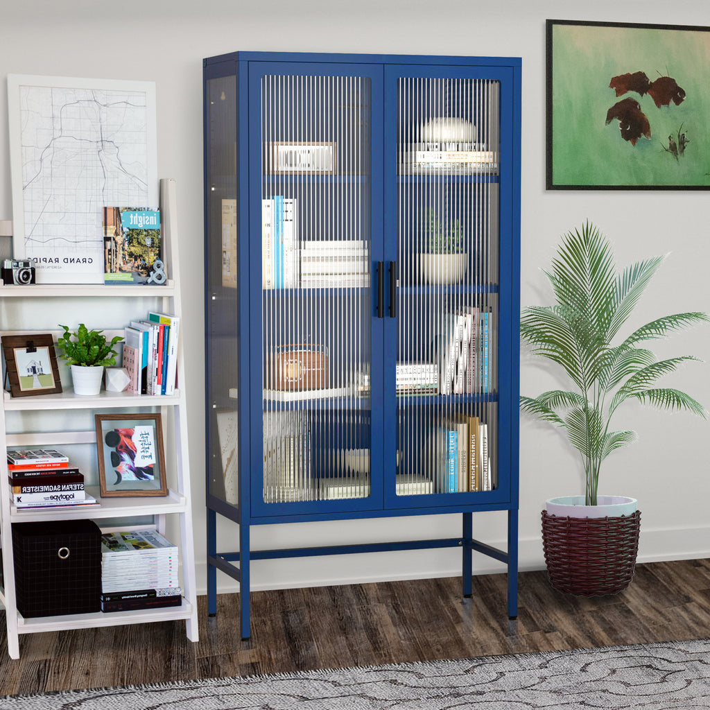 Leoglint Double Glass Door Storage Cabinet with Adjustable Shelves and Feet Cold-Rolled Steel Sideboard Furniture for Living Room Kitchen BLUE