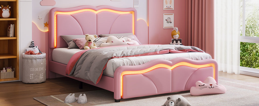 Leoglint Full Size Upholstered Platform Bed Frame with Curve Shaped and Height-adjustbale Headboard,LED Light Strips,Pink