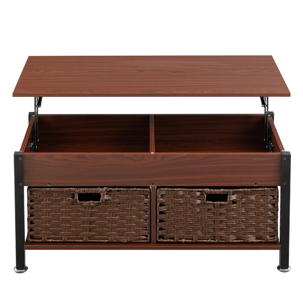 Leoglint Metal coffee table,desk,with a lifting table,and hidden storage space.There were two removable wicker baskets that could be placed in any space such as the living room,color:brownwith solid wood grain