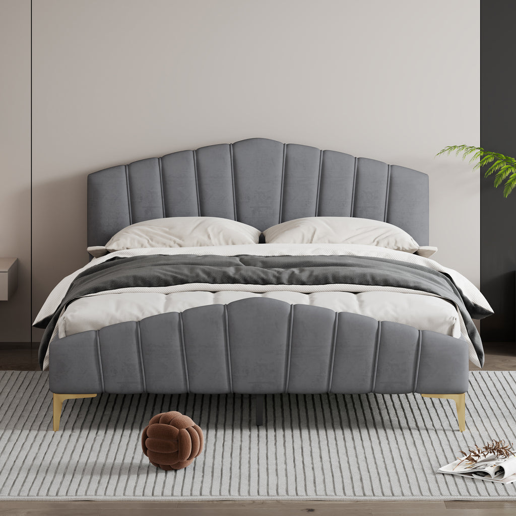 Queen Size Velvet Platform Bed Frame with Thick Fabric, Stylish Stripe Decorated Bedboard and Elegant Metal Bed Leg, Gray