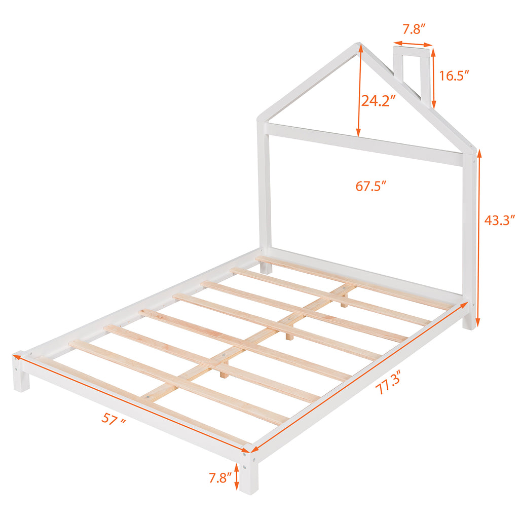 Leoglint Full Size Wood Platform Bed Frame with House-shaped Headboard  (White)