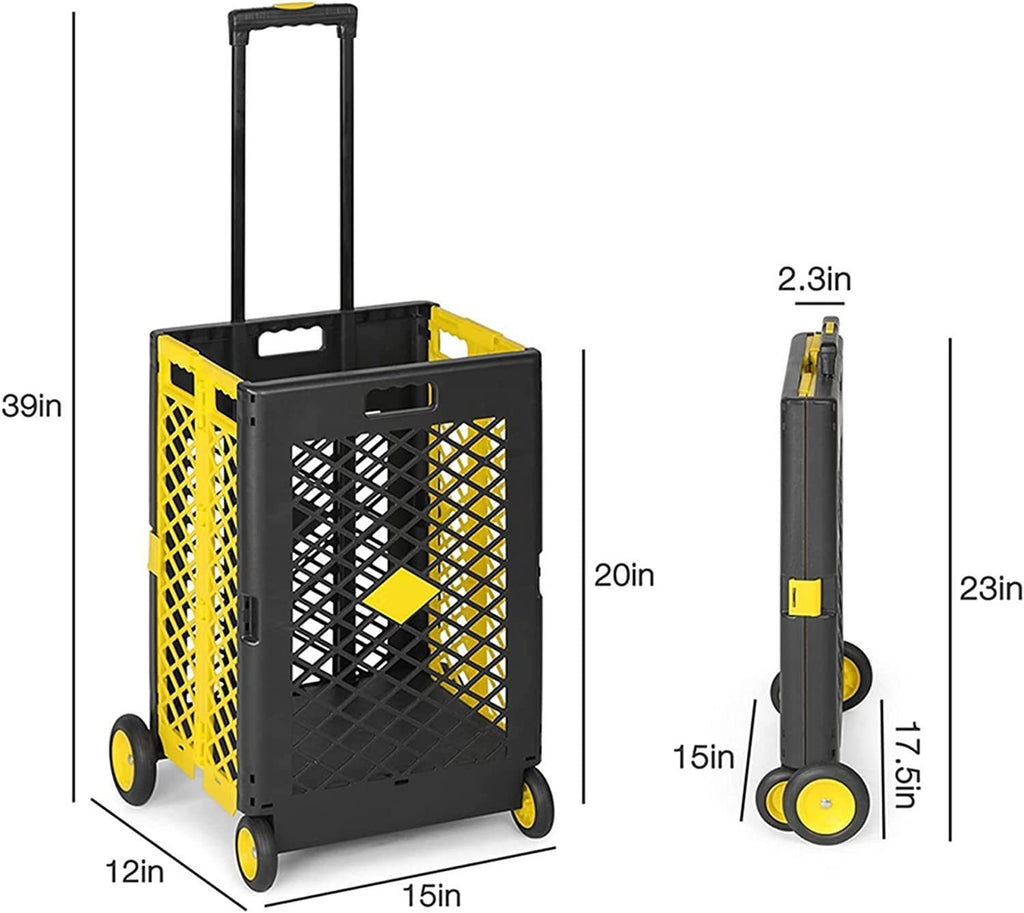 Leoglint 55L Foldable Rolling Garden Cart with Wheels, Portable Updated Utility Tools Rolling Crate w/ Telescopic Handle, Yellow