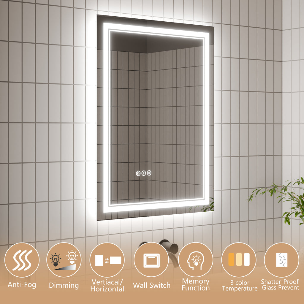 Leoglint LED Bathroom Mirror, 24x32 inch Bathroom Vanity Mirrors with Lights, Mirrors for Wall with Smart Touch Button, Anti-Fog, Memory Function, Stepless Dimmable Makeup Mirror (Horizontal/Vertical)